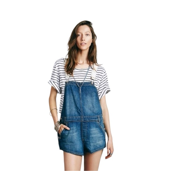 Free People Shapeless Blue Denim Shortalls Short Overalls - Picture 2 of 8